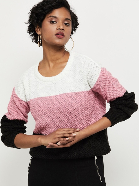 

max Women Pink & White Colourblocked Acrylic Pullover