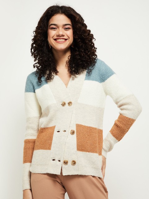 

max Women White & Blue Striped Cardigan