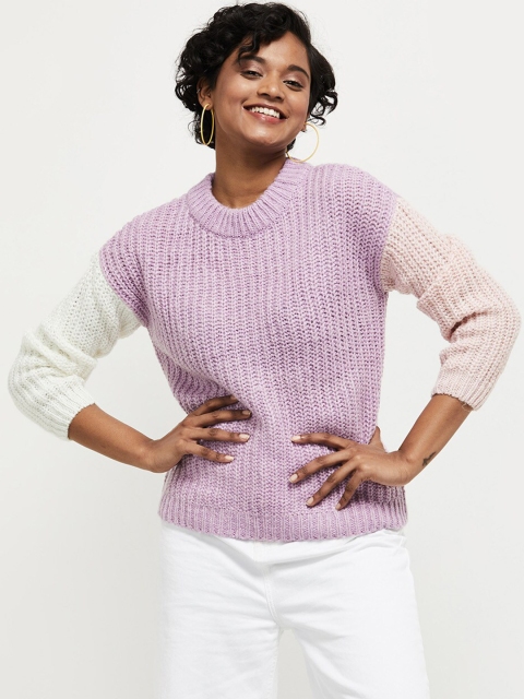

max Women Purple & White Colourblocked Pullover