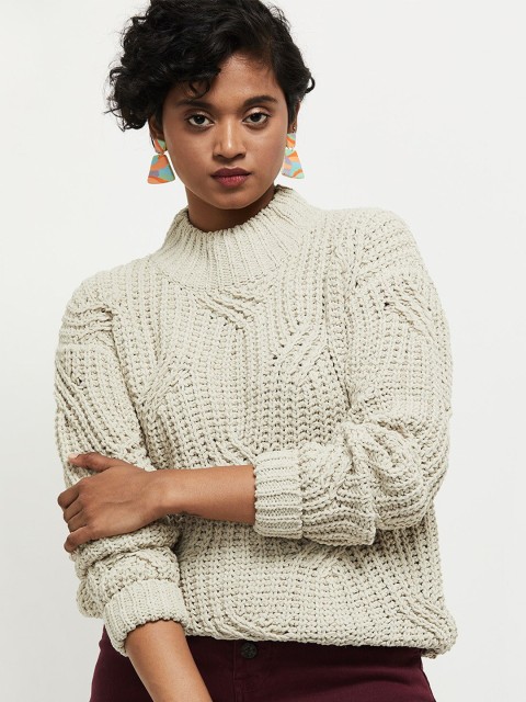 

max Women Beige Cable Knit Pullover