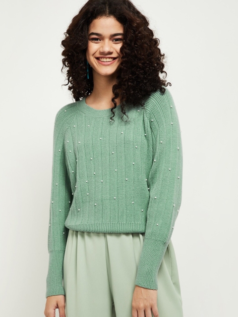 

max Women Green & White Ribbed Pullover with Embellished Detail