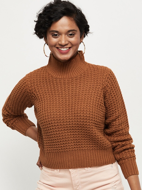 

max Women Brown Crop Pure Acrylic Pullover Sweater