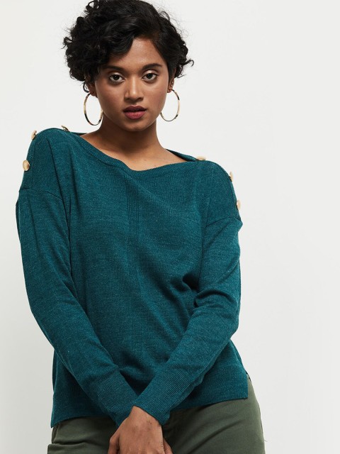 

max Women Teal Ribbed Pullover