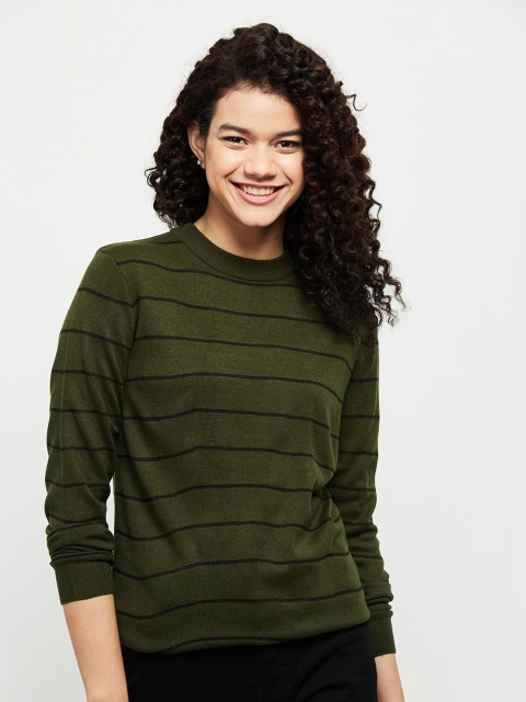 

max Women Olive Green & Black Acrylic Striped Pullover