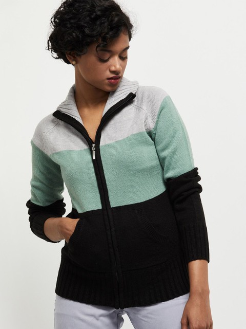 

max Women Grey Melange & Green Colourblocked Cardigan