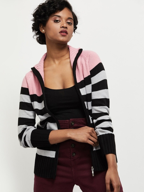 

max Women Pink & Black Striped Pure Acrylic Front-Open Sweater