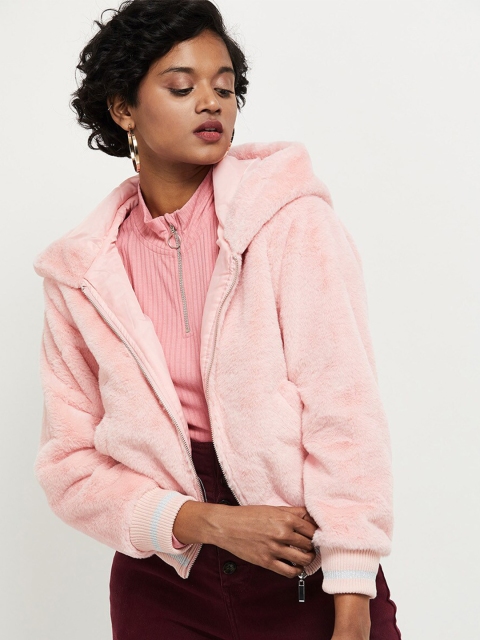 

max Women Pink solid Cardigan Crop Hooded Sweater