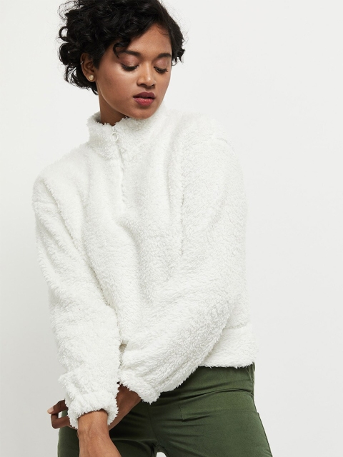 

max Women White Pullover with Fuzzy Detail