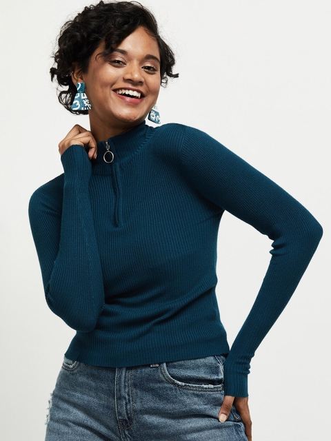 

max Women Blue Ribbed Pullover