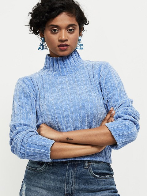 

max Women Blue Ribbed Pullover Sweater