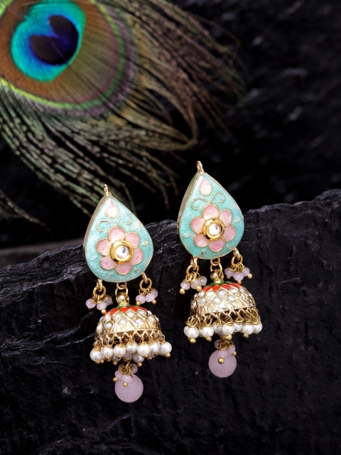 

DUGRISTYLE Blue & Gold-Plated Contemporary Meenakari Jhumkas Earrings