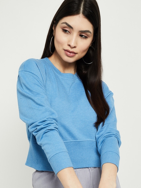 

max Women Blue Solid Round neck Crop Sweatshirt