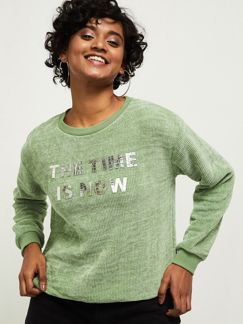 

max Women Green Printed Round Neck Sweatshirt