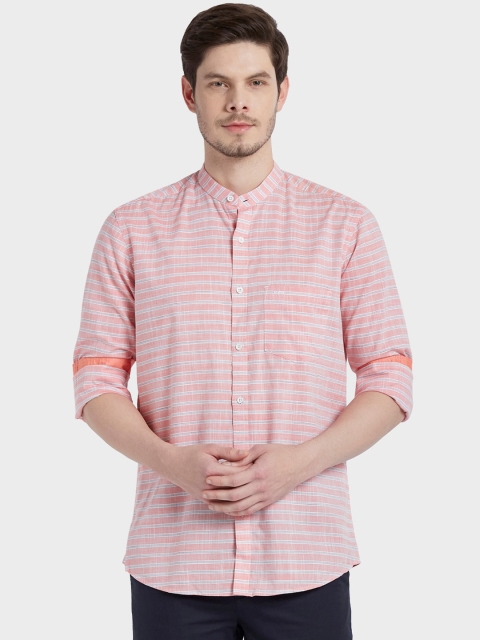 

ColorPlus Men Plus Size Peach-Coloured Tailored Fit Horizontal Stripes Casual Shirt