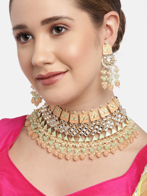 

Melani Borsa Peach-Coloured & Gold-Plated Handcrafted Enamelled Kundan Jewellery Set, Assorted