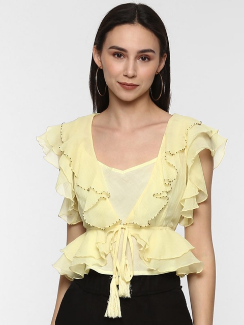 

Porsorte Women Yellow Embellished Ruffled Shrug