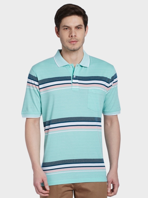 

ColorPlus Men Green & Pink Striped Polo Collar Pockets T-shirt