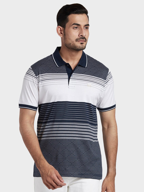 

ColorPlus Men White & Navy Blue Striped Polo Collar T-shirt