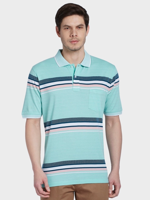 

ColorPlus Men Plus Size Sea Green Striped Polo Collar Pocket T-shirt