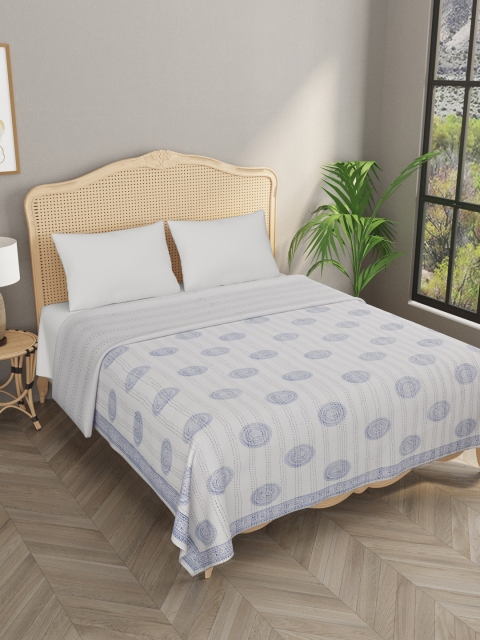 

Gulaab Jaipur Blue & White Handblock Kantha Printed Cotton 450 TC Double King Bed Cover
