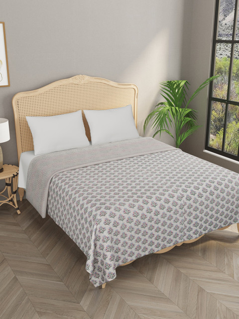 

Gulaab Jaipur White & Blue Handblock Kantha Printed Cotton Double King Bed Cover