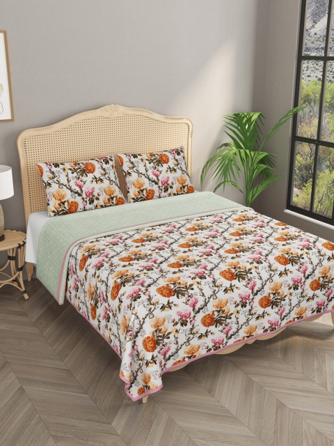 

Gulaab Jaipur White & Orange Floral Printed Cotton Double King Bedcover With 2 Pillow Cover