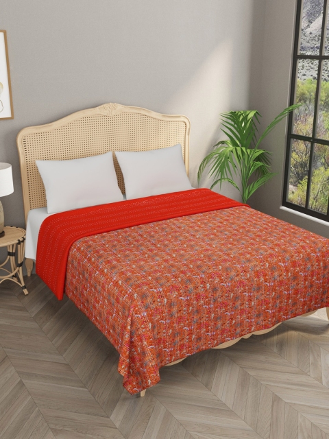 

Gulaab Jaipur Orange & White Handblock Kantha Printed Cotton Double King Bed Cover With 2 Pillow Covers
