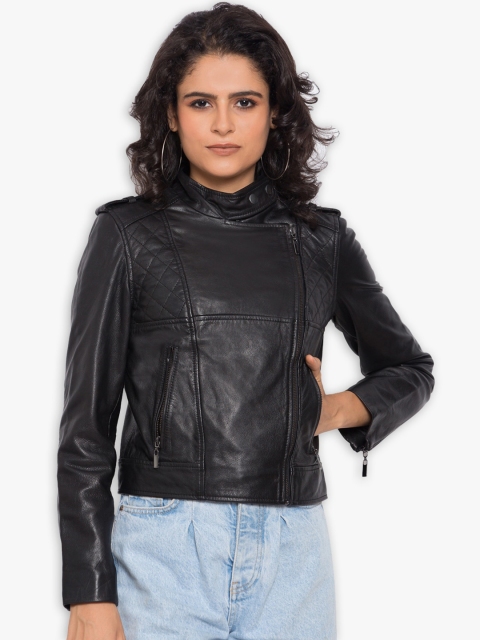 

Justanned Women Black Leather Crop Outdoor Biker Jacket