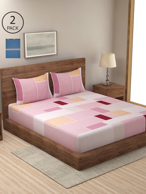 

NEUDIS Pink & White Geometric 2 King Bedsheet with 4 Pillow Covers