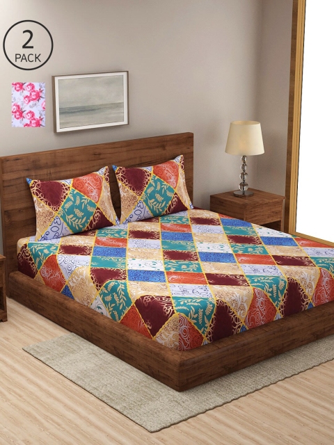 

NEUDIS Blue & Green Floral 180 TC 2 King Bedsheet with 4 Pillow Covers