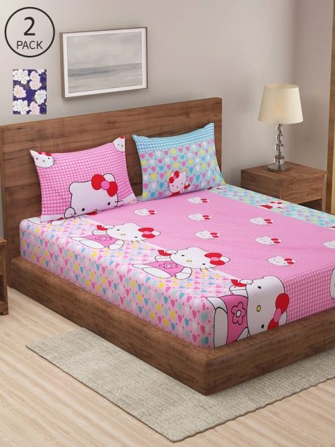 

NEUDIS Pink & Blue Graphic 180 TC 2 King Bedsheet with 4 Pillow Covers