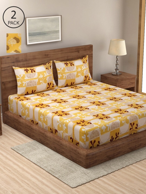 

NEUDIS Set of 2 Yellow & Beige Floral 240 TC King Bedsheet with Pillow Covers