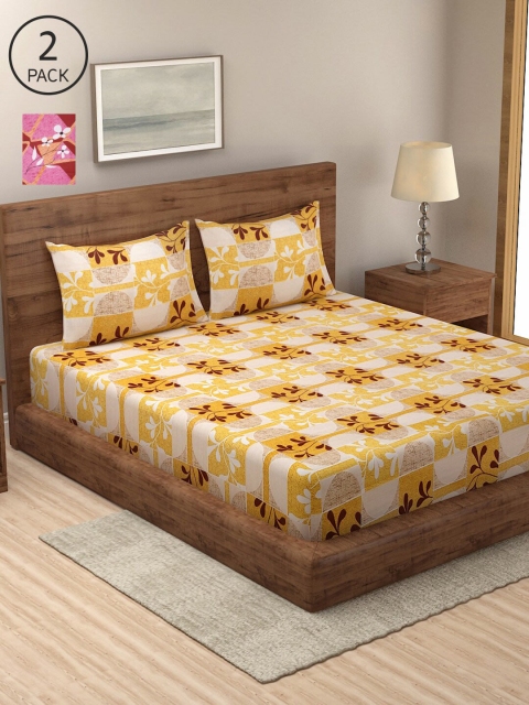 

NEUDIS Yellow & Purple Floral 2 King Bedsheet with 4 Pillow Covers