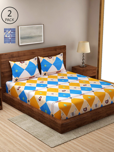 

NEUDIS Set of 2 Blue & Orange Geometric 180 TC King Bedsheet with Pillow Covers