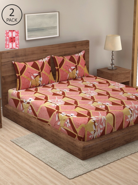 

NEUDIS Peach-Coloured & Brown Floral 2 King Bedsheet with 4 Pillow Covers