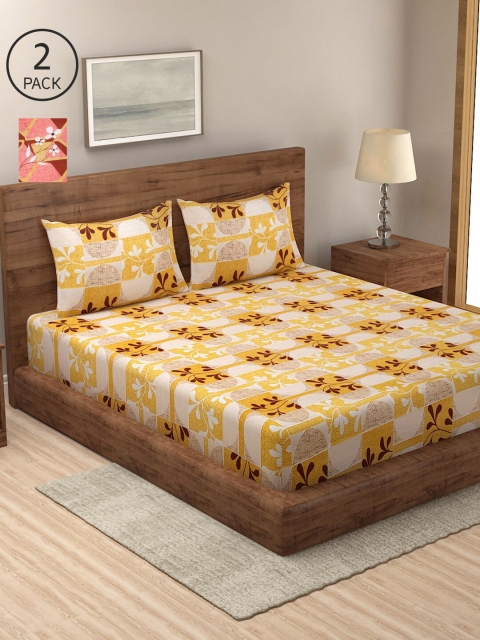 

NEUDIS Yellow & Peach-Coloured Floral 2 King Bedsheet with 4 Pillow Covers