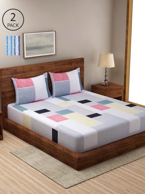 

NEUDIS Set Of 2 Grey & Blue Geometric 2 King Bedsheet with 4 Pillow Covers