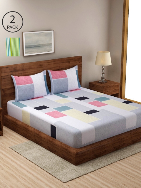 

NEUDIS Green & Blue Striped 2 King Bedsheet with 4 Pillow Covers