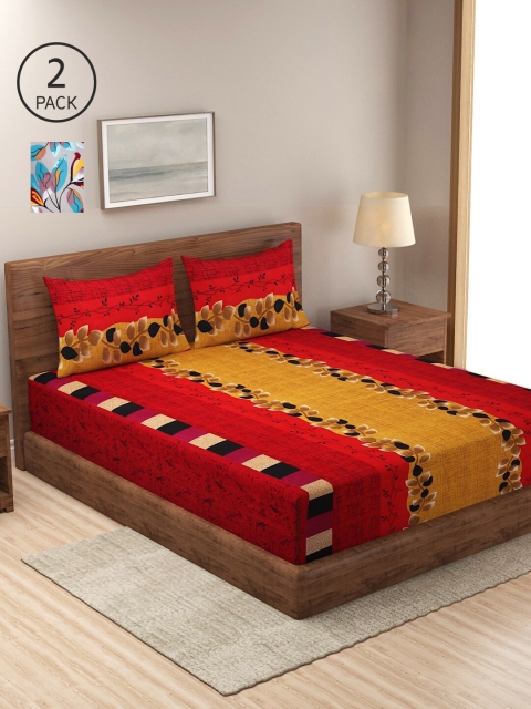 

NEUDIS Red & Orange Floral 180 TC 2 King Bedsheet with 4 Pillow Covers