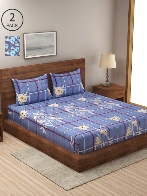 

NEUDIS Pack Of 2 Grey & Blue Floral 180 TC 2 King Bedsheet with 4 Pillow Covers