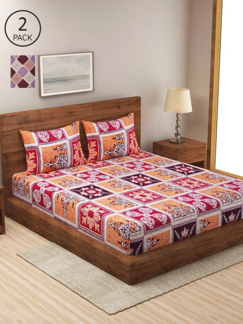 

NEUDIS Set Of 2 Purple & Red Ethnic Motifs 180 TC 2 King Bedsheet with 4 Pillow Covers