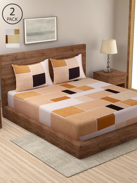 

NEUDIS Set Of 2 Beige & Green Geometric 2 King Bedsheet with 4 Pillow Covers