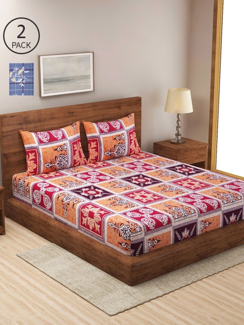 

NEUDIS Peach-Coloured & Blue Floral 180 TC 2 King Bedsheet with 4 Pillow Covers
