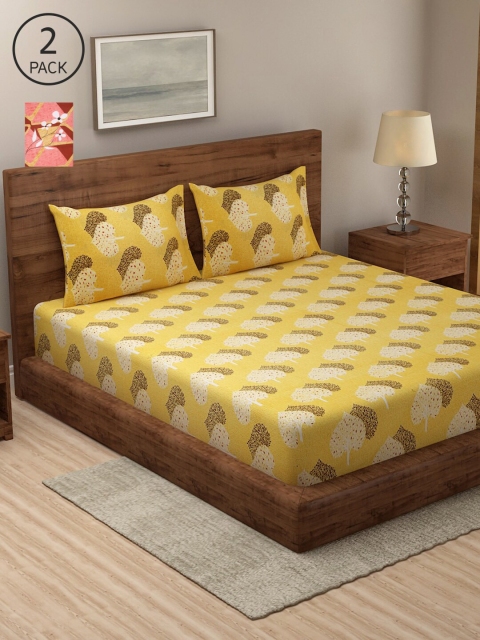 

NEUDIS Yellow & Brown Floral 2 King Bedsheet with 4 Pillow Covers