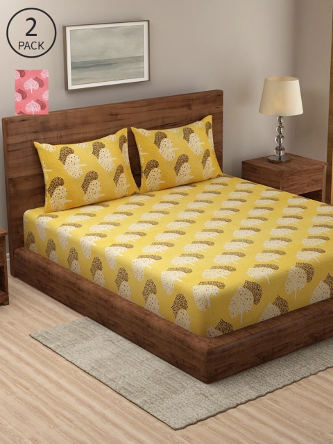 

NEUDIS Yellow & Pink Floral 2 King Bedsheet with 4 Pillow Covers