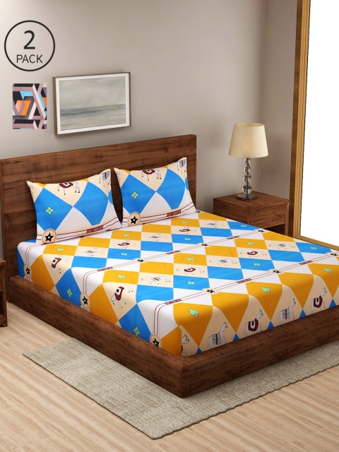 

NEUDIS Blue & Yellow Geometric 180 TC 2 King Bedsheet with 4 Pillow Covers