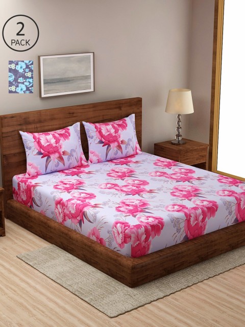 

NEUDIS Set of 2 Grey & Blue Floral 180 TC King Bedsheet with Pillow Covers