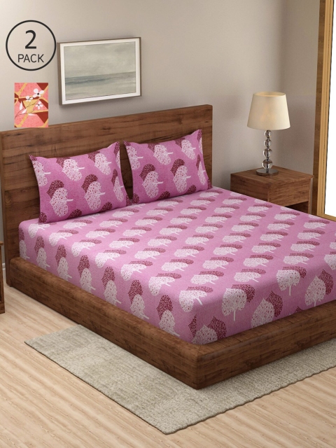 

NEUDIS Pink & Brown Floral 2 King Bedsheet with 4 Pillow Covers