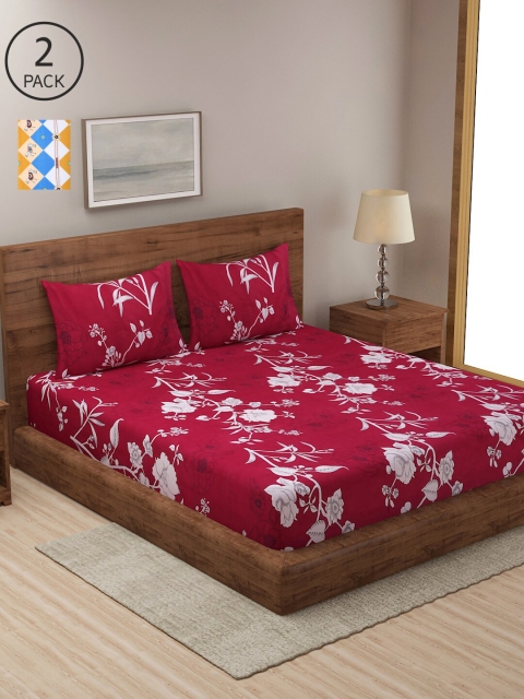 

NEUDIS Maroon & Blue Floral 180 TC 2 King Bedsheet with 4 Pillow Covers