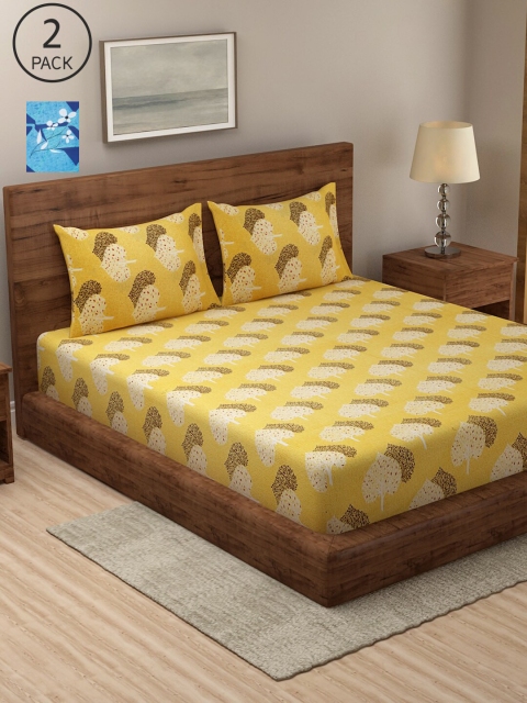 

NEUDIS Yellow & Blue Floral 2 King Bedsheet with 4 Pillow Covers